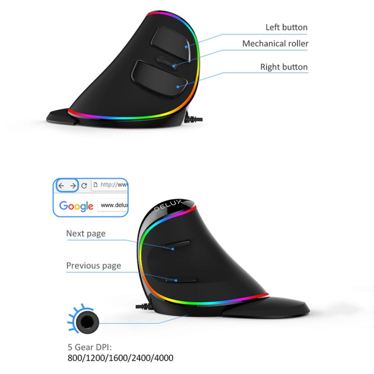 DELUX M618 Plus RGB Wired Optical Mouse Ergonomic Vertical Mouse 4000DPI - HoMEdemic™ 