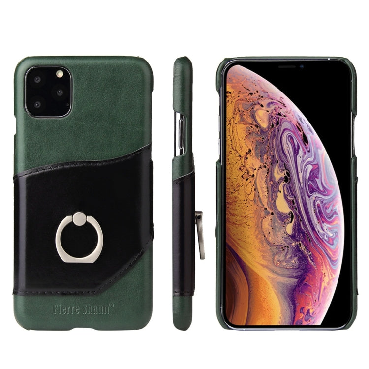 For iPhone 11 Pro Max Fierre Shann Oil Wax Texture Genuine Leather Back Cover Case with 360 Degree Rotation Holder & Card Slot (Green) - HoMEdemic™ 