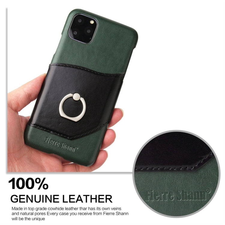 For iPhone 11 Pro Max Fierre Shann Oil Wax Texture Genuine Leather Back Cover Case with 360 Degree Rotation Holder & Card Slot (Green) - HoMEdemic™ 