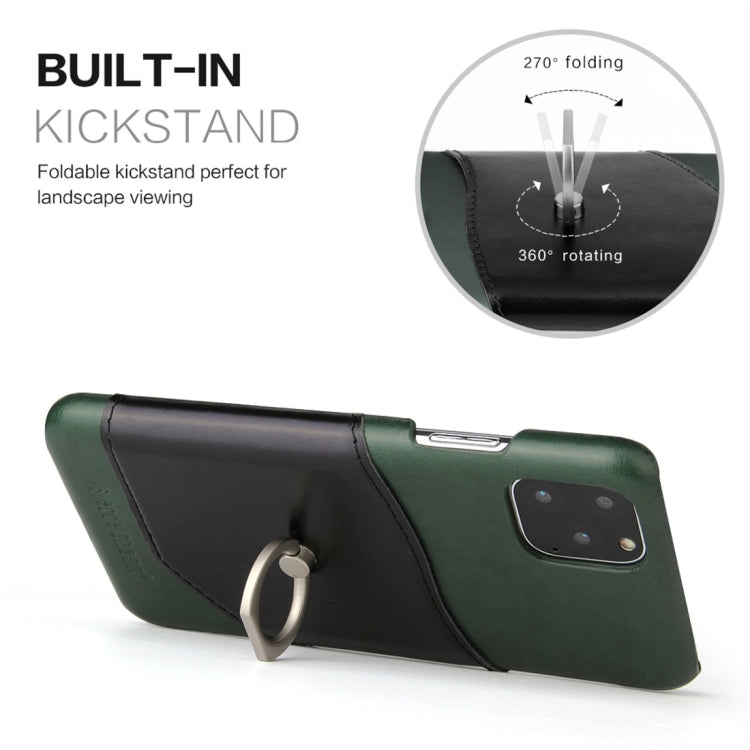 For iPhone 11 Pro Max Fierre Shann Oil Wax Texture Genuine Leather Back Cover Case with 360 Degree Rotation Holder & Card Slot (Green) - HoMEdemic™ 