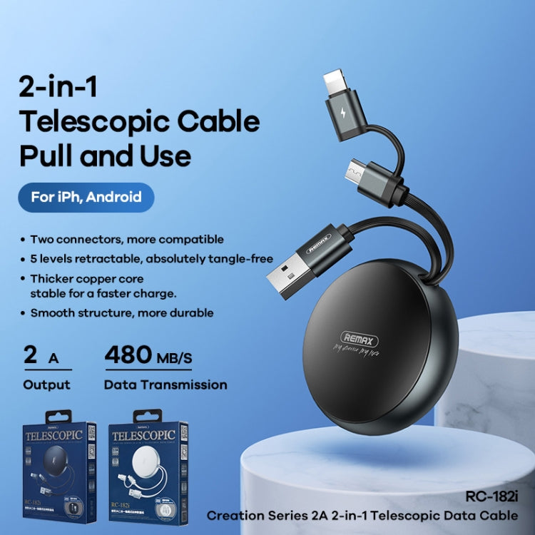 Remax RC-182i 2A 2 In 1 8 Pin + Micro USB Creation Series Telescopic Charging Data Cable, Length: 90cm(White) - HoMEdemic™ 