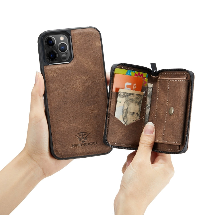 For iPhone 12 / 12 Pro JEEHOOD Magnetic Zipper Horizontal Flip Leather Case with Holder & Card Slot & Wallet(Brown) - HoMEdemic™ 