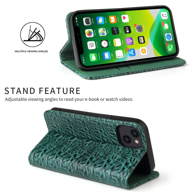 For iPhone 13 Fierre Shann Crocodile Texture Magnetic Horizontal Flip Genuine Leather Case with Holder & Card Slot(Green) - HoMEdemic™ 