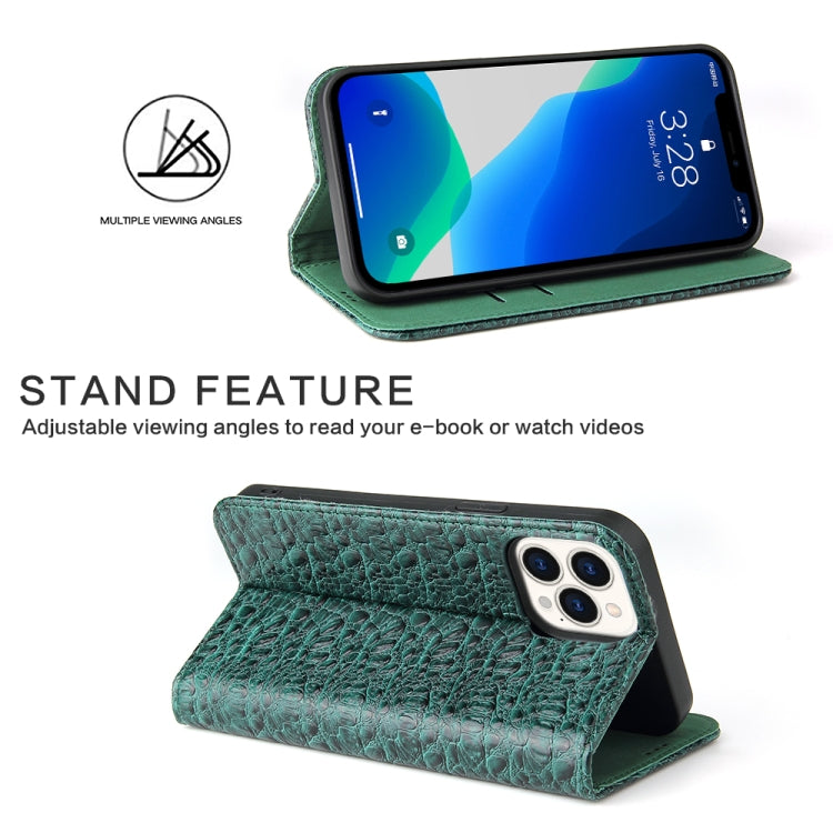 For iPhone 13 Pro Fierre Shann Crocodile Texture Magnetic Horizontal Flip Genuine Leather Case with Holder & Card Slot (Green) - HoMEdemic™ 