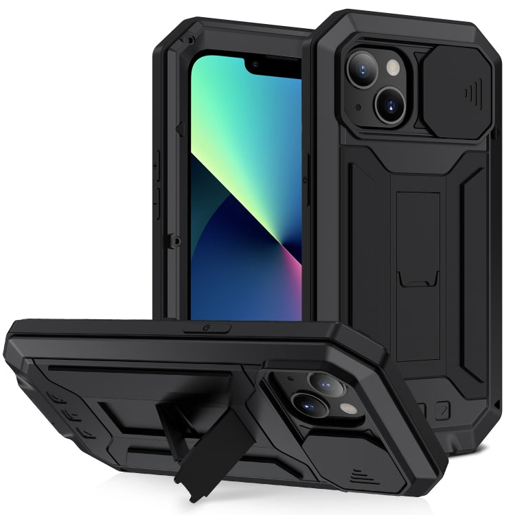 For iPhone 13 mini R-JUST Sliding Camera Shockproof Life Waterproof Dust-proof Metal + Silicone Protective Case with Holder (Black) - HoMEdemic™ 