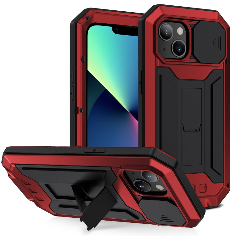 For iPhone 13 mini R-JUST Sliding Camera Shockproof Life Waterproof Dust-proof Metal + Silicone Protective Case with Holder (Red) - HoMEdemic™ 