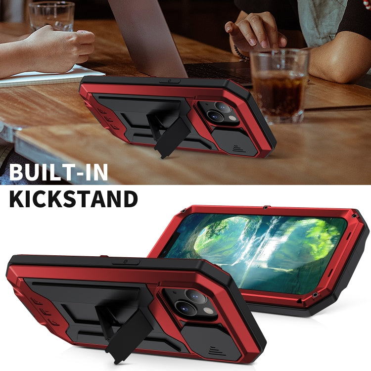 For iPhone 13 mini R-JUST Sliding Camera Shockproof Life Waterproof Dust-proof Metal + Silicone Protective Case with Holder (Red) - HoMEdemic™ 
