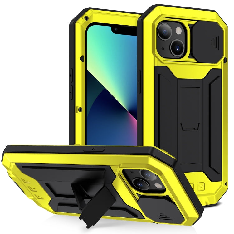 For iPhone 13 mini R-JUST Sliding Camera Shockproof Life Waterproof Dust-proof Metal + Silicone Protective Case with Holder (Yellow) - HoMEdemic™ 
