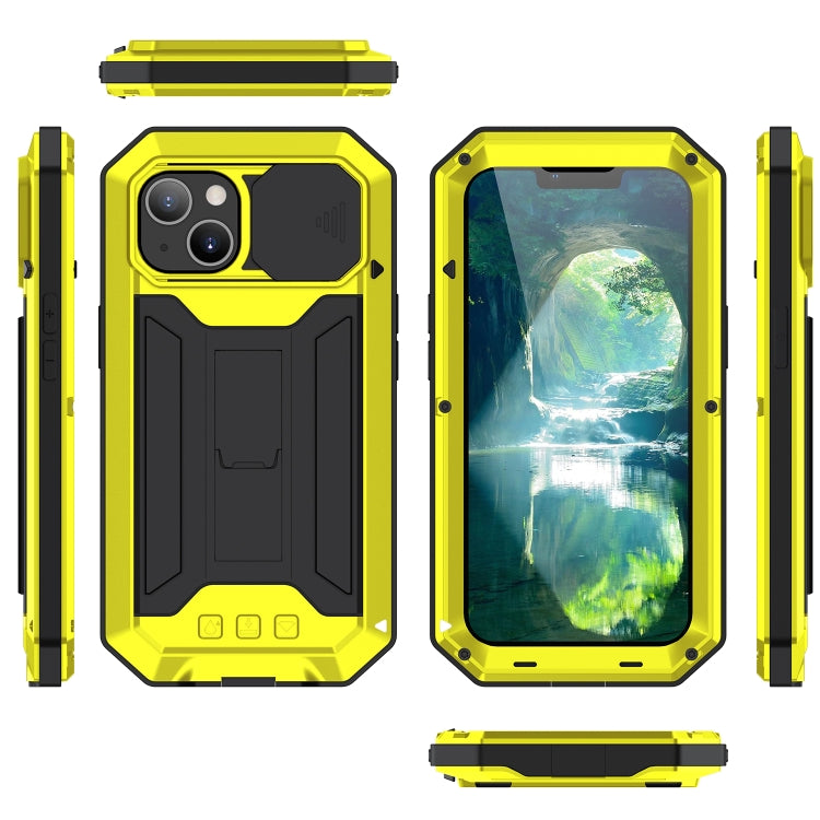 For iPhone 13 mini R-JUST Sliding Camera Shockproof Life Waterproof Dust-proof Metal + Silicone Protective Case with Holder (Yellow) - HoMEdemic™ 