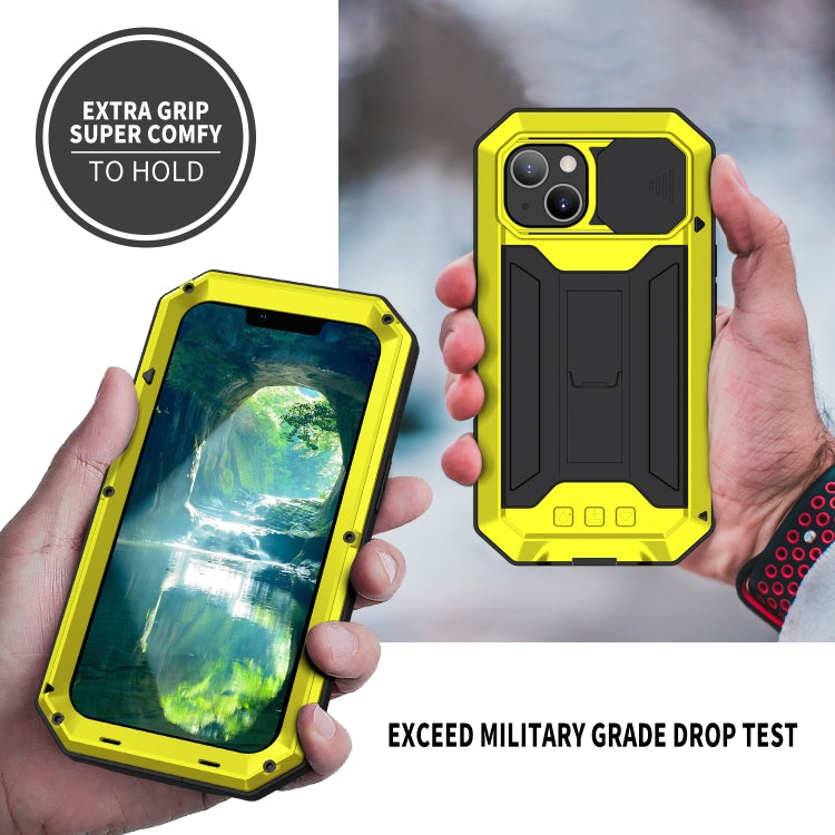 For iPhone 13 mini R-JUST Sliding Camera Shockproof Life Waterproof Dust-proof Metal + Silicone Protective Case with Holder (Yellow) - HoMEdemic™ 