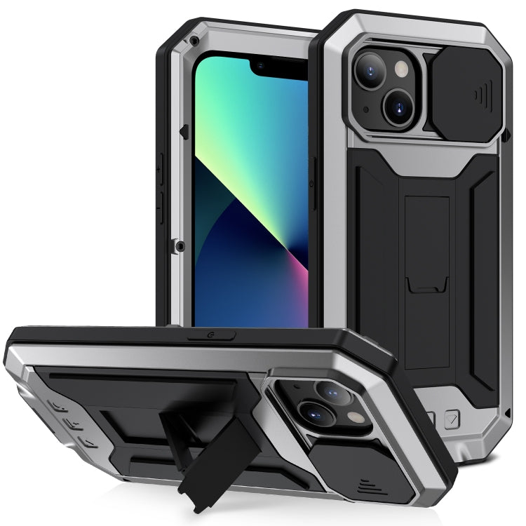 For iPhone 13 mini R-JUST Sliding Camera Shockproof Life Waterproof Dust-proof Metal + Silicone Protective Case with Holder (Silver) - HoMEdemic™ 
