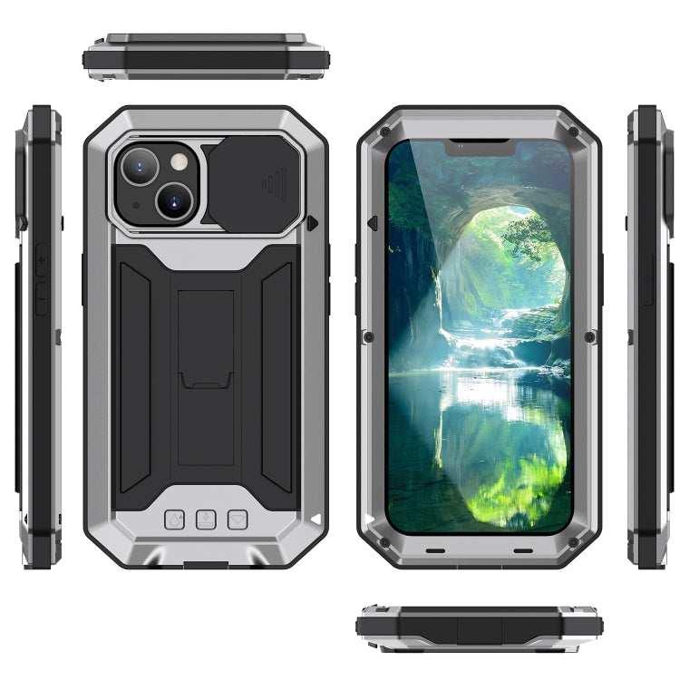 For iPhone 13 mini R-JUST Sliding Camera Shockproof Life Waterproof Dust-proof Metal + Silicone Protective Case with Holder (Silver) - HoMEdemic™ 
