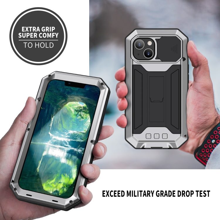 For iPhone 13 mini R-JUST Sliding Camera Shockproof Life Waterproof Dust-proof Metal + Silicone Protective Case with Holder (Silver) - HoMEdemic™ 