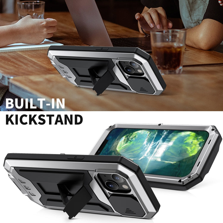 For iPhone 13 mini R-JUST Sliding Camera Shockproof Life Waterproof Dust-proof Metal + Silicone Protective Case with Holder (Silver) - HoMEdemic™ 