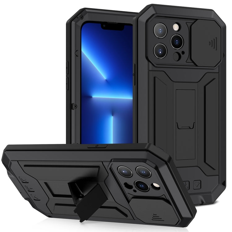 For iPhone 13 Pro R-JUST Sliding Camera Shockproof Life Waterproof Dust-proof Metal + Silicone Protective Case with Holder (Black) - HoMEdemic™ 