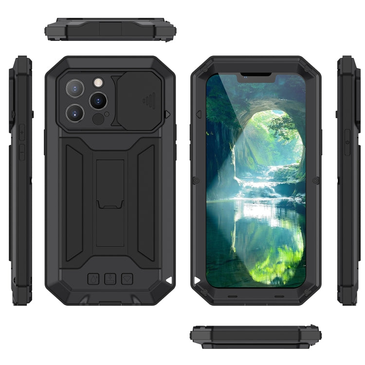 For iPhone 13 Pro R-JUST Sliding Camera Shockproof Life Waterproof Dust-proof Metal + Silicone Protective Case with Holder (Black) - HoMEdemic™ 