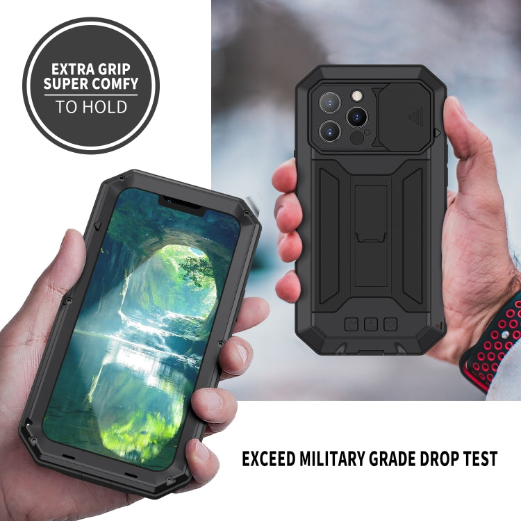 For iPhone 13 Pro R-JUST Sliding Camera Shockproof Life Waterproof Dust-proof Metal + Silicone Protective Case with Holder (Black) - HoMEdemic™ 
