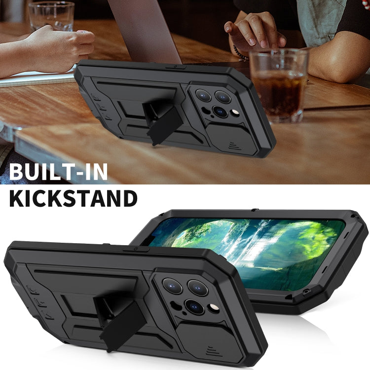 For iPhone 13 Pro R-JUST Sliding Camera Shockproof Life Waterproof Dust-proof Metal + Silicone Protective Case with Holder (Black) - HoMEdemic™ 