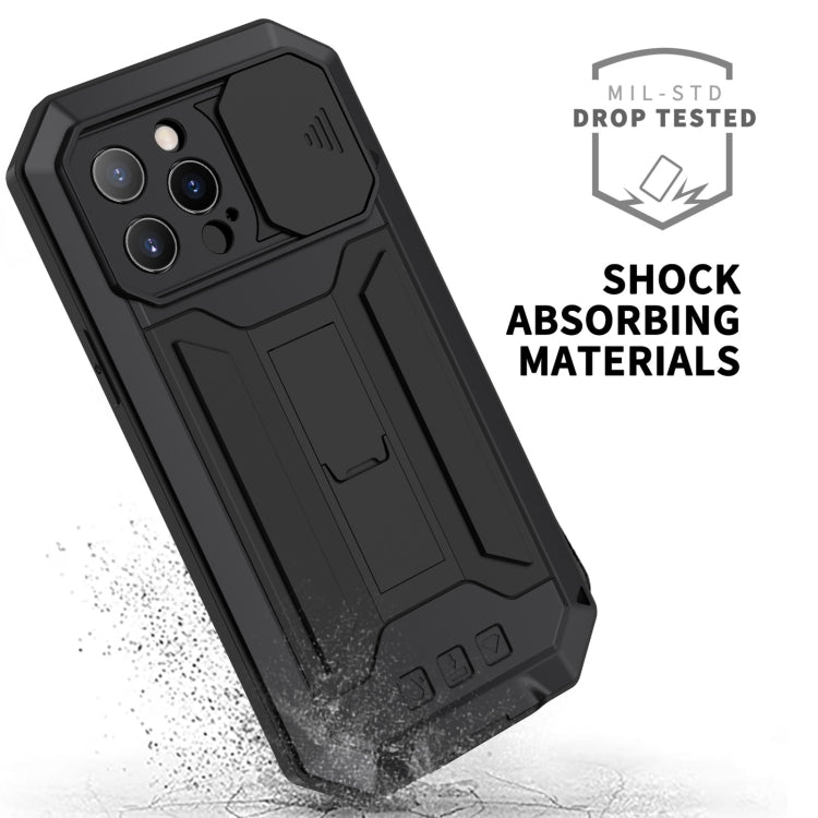 For iPhone 13 Pro R-JUST Sliding Camera Shockproof Life Waterproof Dust-proof Metal + Silicone Protective Case with Holder (Black) - HoMEdemic™ 