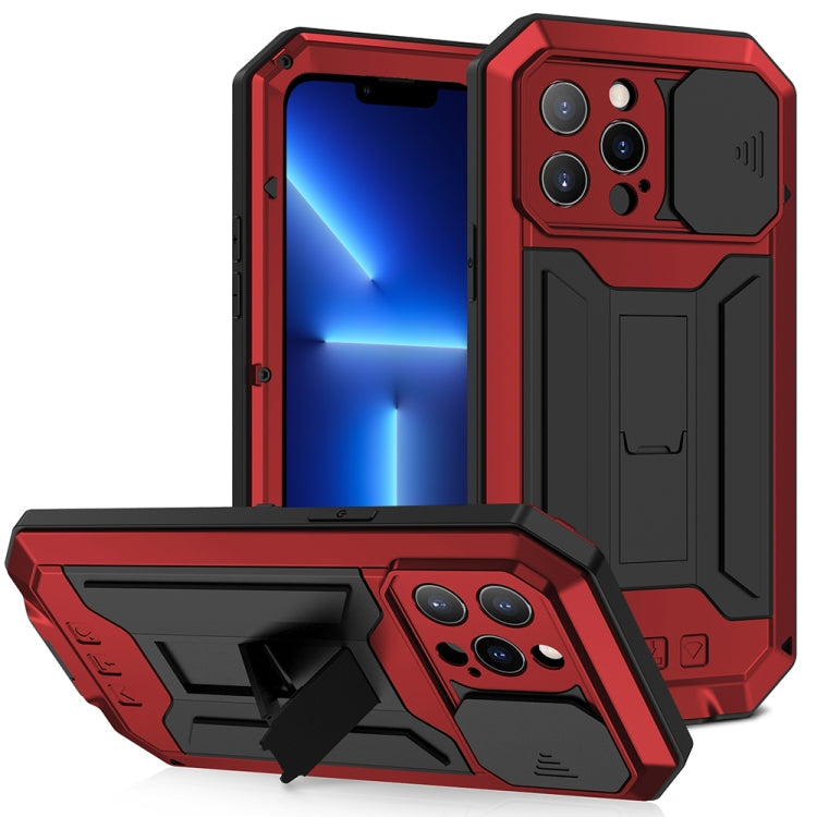 For iPhone 13 Pro R-JUST Sliding Camera Shockproof Life Waterproof Dust-proof Metal + Silicone Protective Case with Holder (Red) - HoMEdemic™ 
