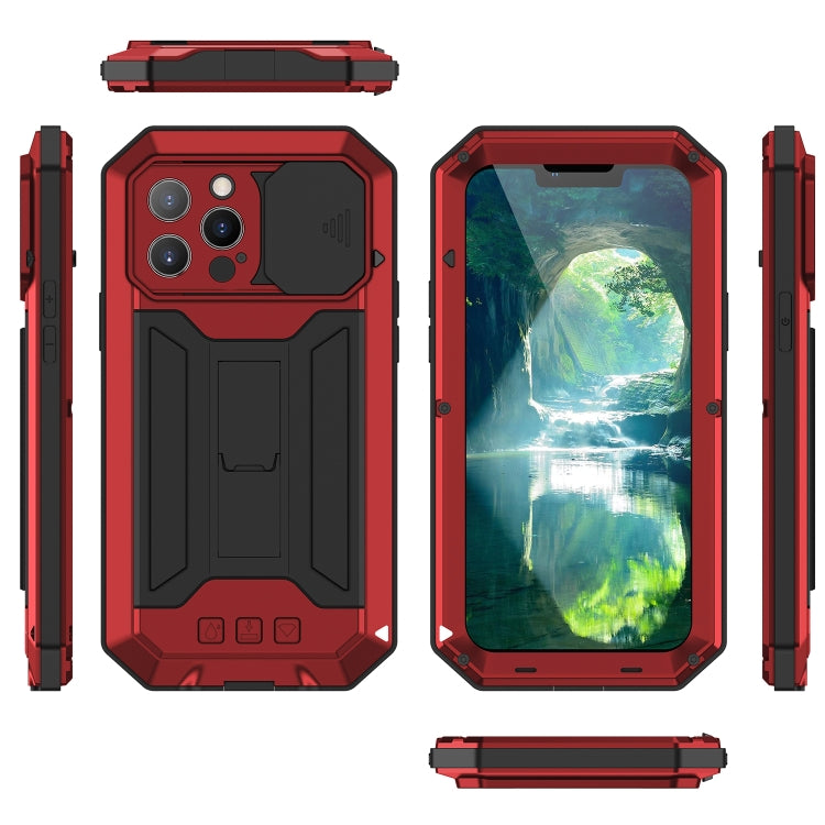For iPhone 13 Pro R-JUST Sliding Camera Shockproof Life Waterproof Dust-proof Metal + Silicone Protective Case with Holder (Red) - HoMEdemic™ 