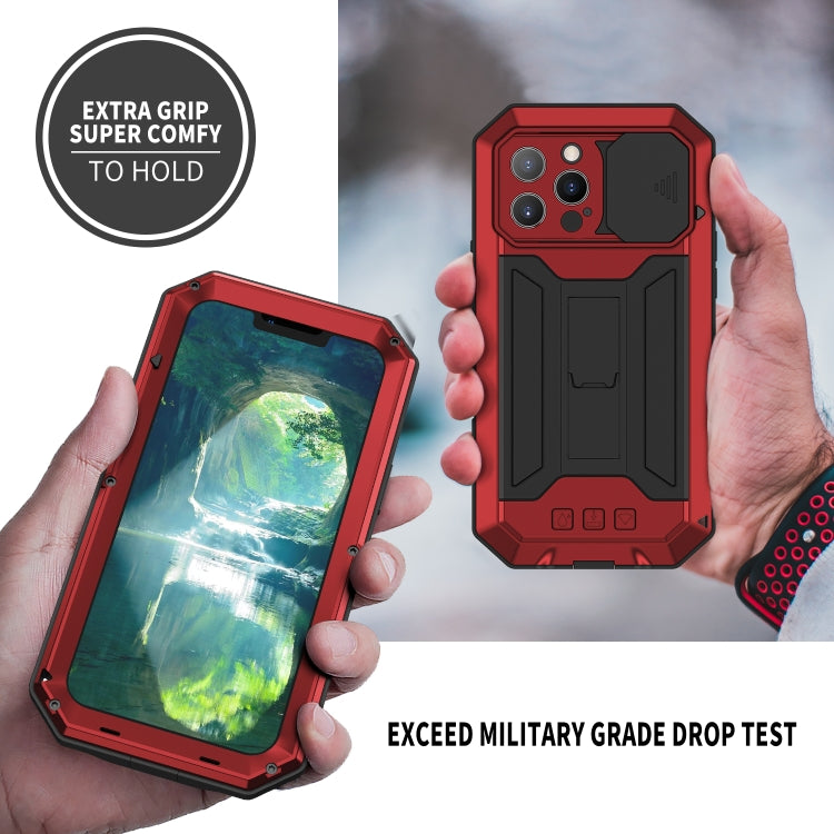 For iPhone 13 Pro R-JUST Sliding Camera Shockproof Life Waterproof Dust-proof Metal + Silicone Protective Case with Holder (Red) - HoMEdemic™ 