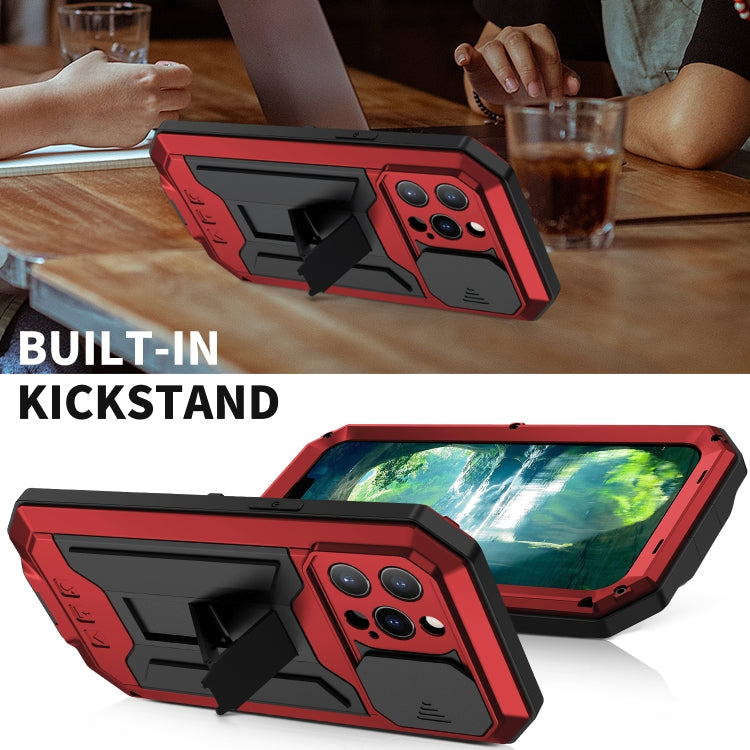 For iPhone 13 Pro R-JUST Sliding Camera Shockproof Life Waterproof Dust-proof Metal + Silicone Protective Case with Holder (Red) - HoMEdemic™ 