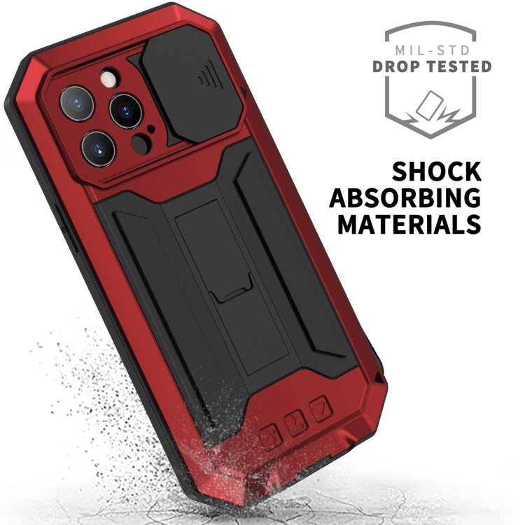 For iPhone 13 Pro R-JUST Sliding Camera Shockproof Life Waterproof Dust-proof Metal + Silicone Protective Case with Holder (Red) - HoMEdemic™ 