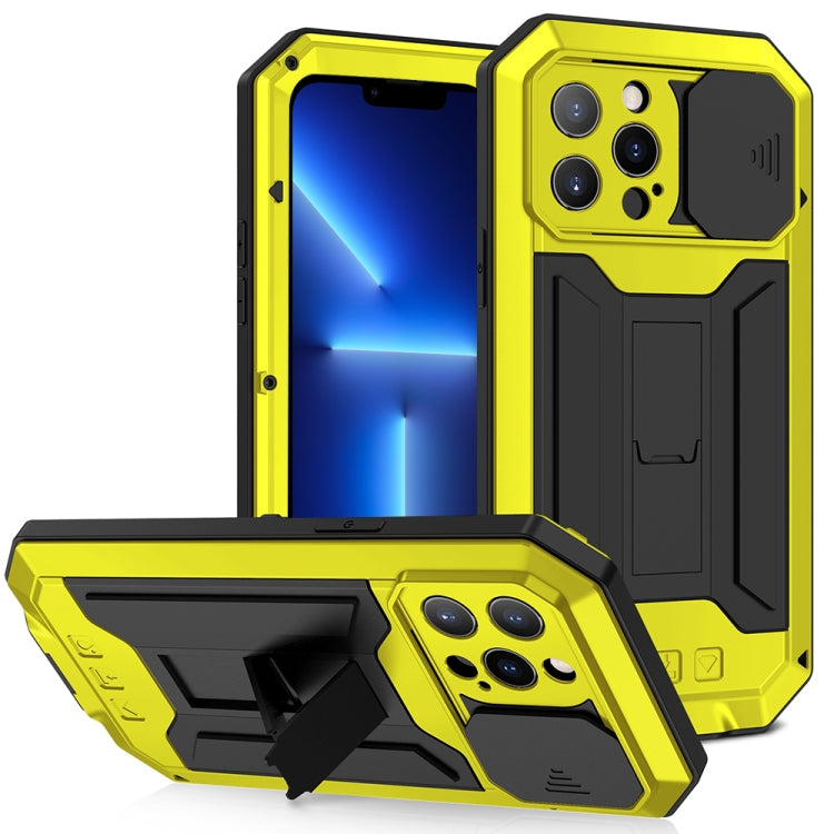 For iPhone 13 Pro R-JUST Sliding Camera Shockproof Life Waterproof Dust-proof Metal + Silicone Protective Case with Holder (Yellow) - HoMEdemic™ 