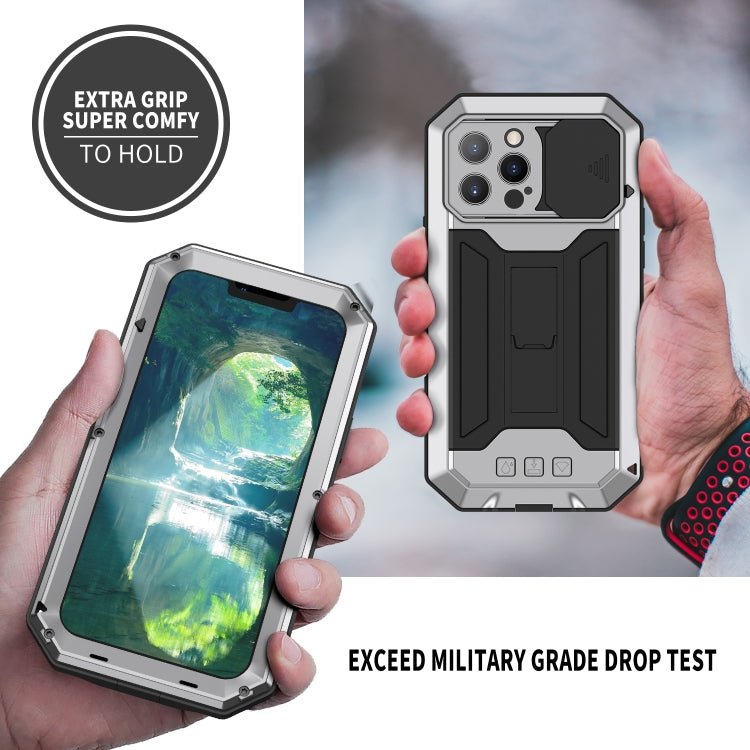 For iPhone 13 Pro R-JUST Sliding Camera Shockproof Life Waterproof Dust-proof Metal + Silicone Protective Case with Holder (Silver) - HoMEdemic™ 