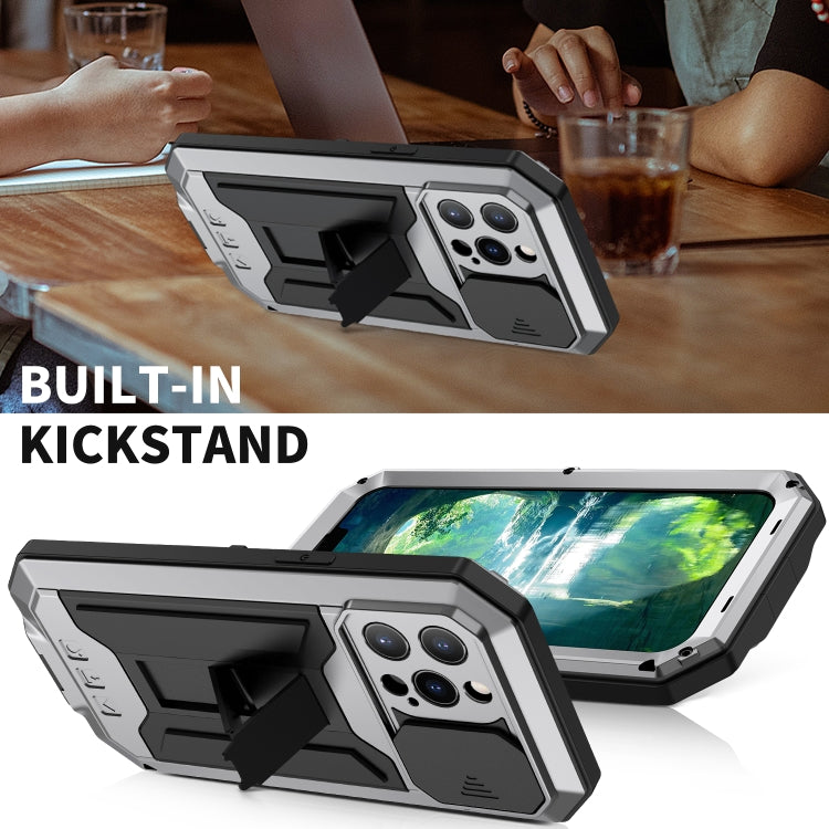For iPhone 13 Pro R-JUST Sliding Camera Shockproof Life Waterproof Dust-proof Metal + Silicone Protective Case with Holder (Silver) - HoMEdemic™ 