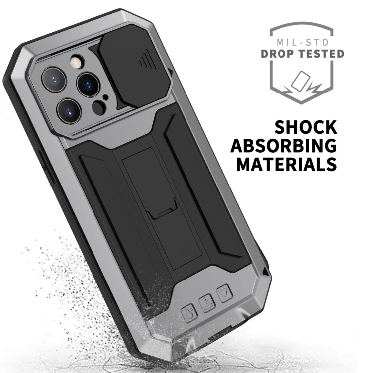 For iPhone 13 Pro R-JUST Sliding Camera Shockproof Life Waterproof Dust-proof Metal + Silicone Protective Case with Holder (Silver) - HoMEdemic™ 