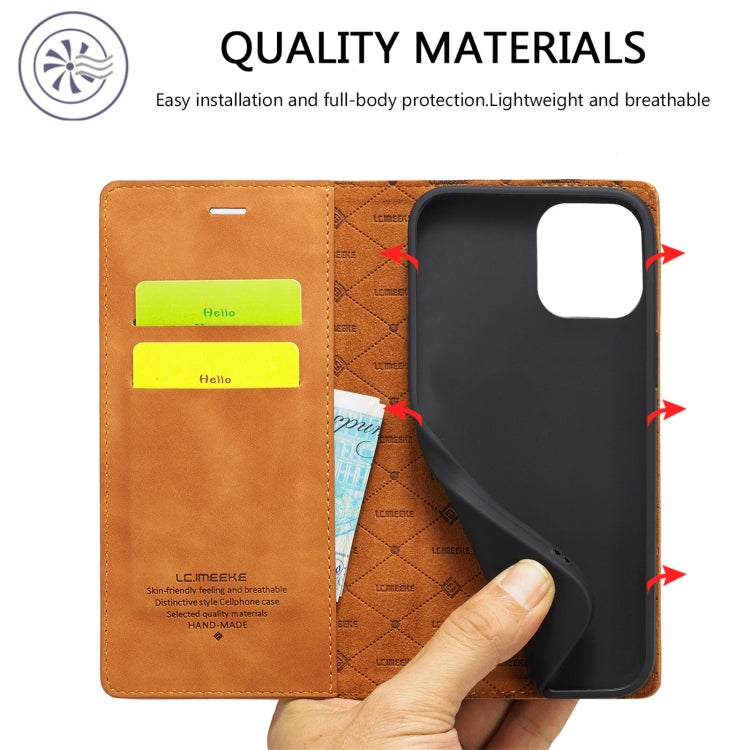 For iPhone 13 mini LC.IMEEKE Strong Magnetic PU + Matte TPU Horizontal Flip Leather Case with Holder & Card Slots & Wallet (Brown) - HoMEdemic™ 