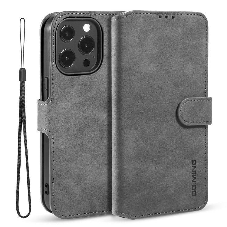 For iPhone 13 Pro DG.MING Retro Oil Side Horizontal Flip Leather Case with Holder & Card Slots & Wallet (Grey) - HoMEdemic™ 