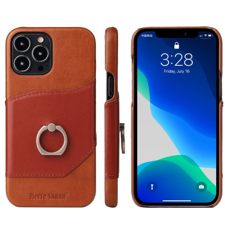 For iPhone 13 Pro Fierre Shann Oil Wax Texture Genuine Leather Back Cover Case with 360 Degree Rotation Holder & Card Slot (Brown) - HoMEdemic™ 