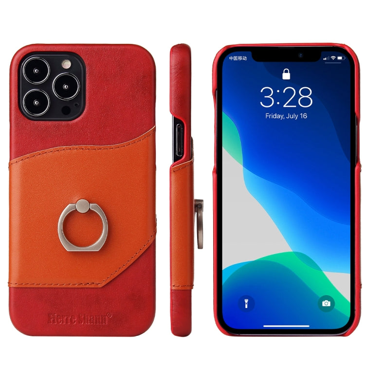 For iPhone 13 Pro Fierre Shann Oil Wax Texture Genuine Leather Back Cover Case with 360 Degree Rotation Holder & Card Slot (Red) - HoMEdemic™ 