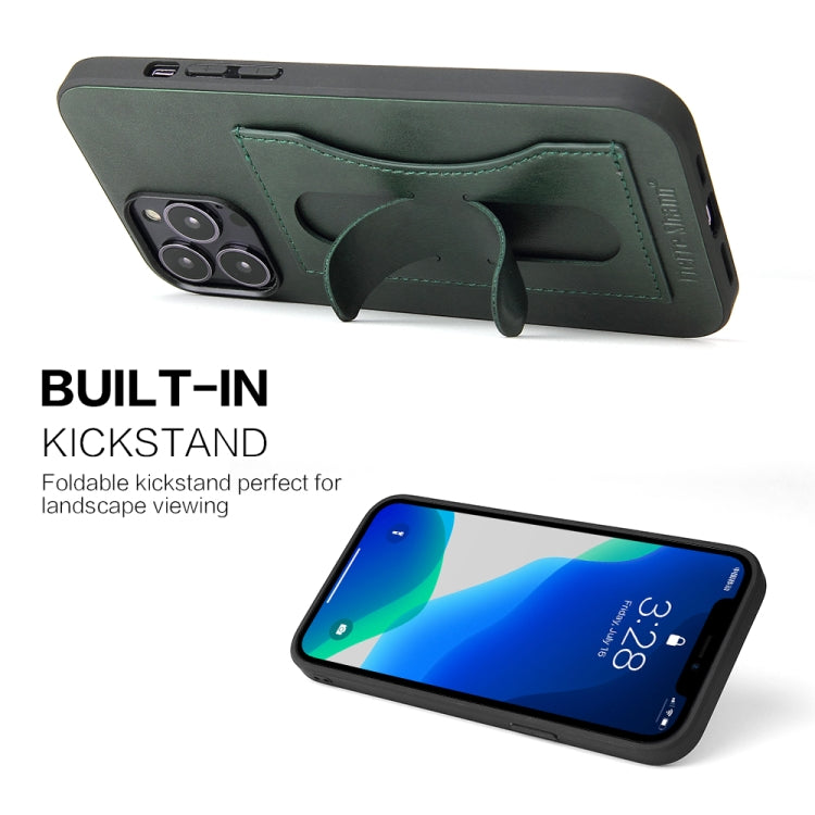 For iPhone 13 Pro Fierre Shann Full Coverage Protective Leather Case with Holder & Card Slot (Green) - HoMEdemic™ 