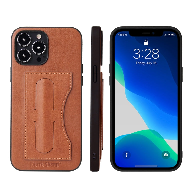 For iPhone 13 Pro Fierre Shann Full Coverage Protective Leather Case with Holder & Card Slot (Brown) - HoMEdemic™ 