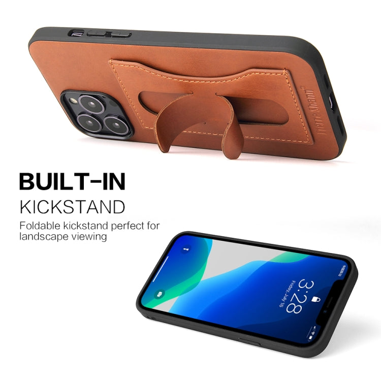 For iPhone 13 Pro Fierre Shann Full Coverage Protective Leather Case with Holder & Card Slot (Brown) - HoMEdemic™ 