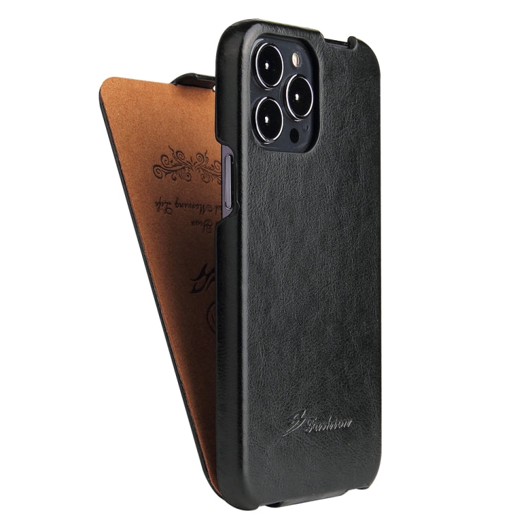 For iPhone 13 Pro Fierre Shann Retro Oil Wax Texture Vertical Flip PU Leather Case (Black) - HoMEdemic™ 