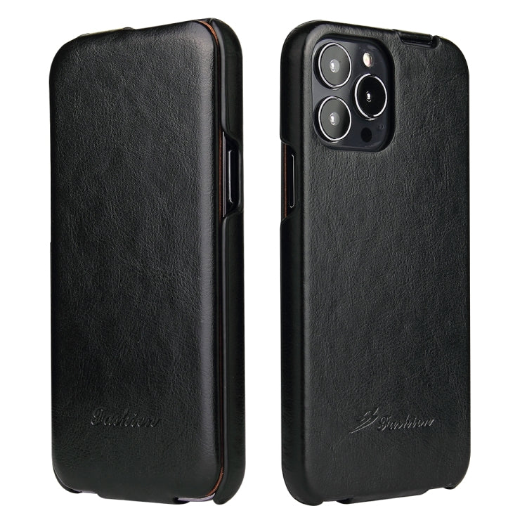 For iPhone 13 Pro Fierre Shann Retro Oil Wax Texture Vertical Flip PU Leather Case (Black) - HoMEdemic™ 