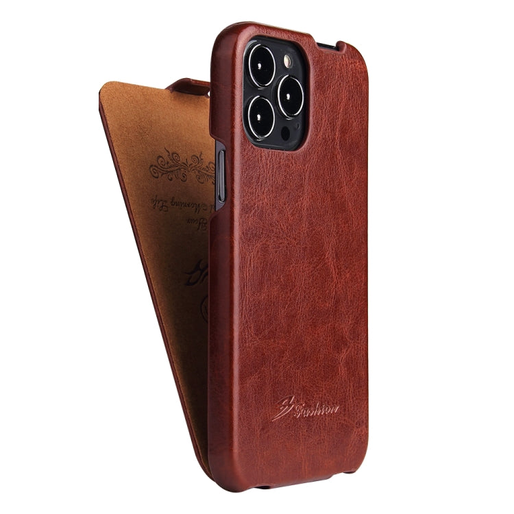 For iPhone 13 Pro Fierre Shann Retro Oil Wax Texture Vertical Flip PU Leather Case (Brown) - HoMEdemic™ 