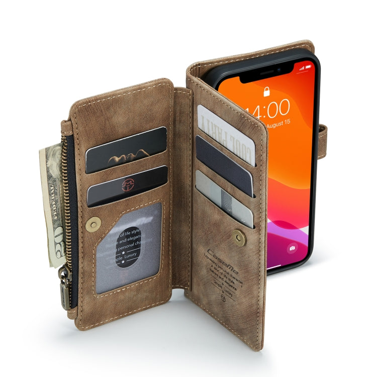 For iPhone 12 / 12 Pro CaseMe-C30 PU + TPU Multifunctional Horizontal Flip Leather Case with Holder & Card Slot & Wallet & Zipper Pocket(Brown) - HoMEdemic™ 