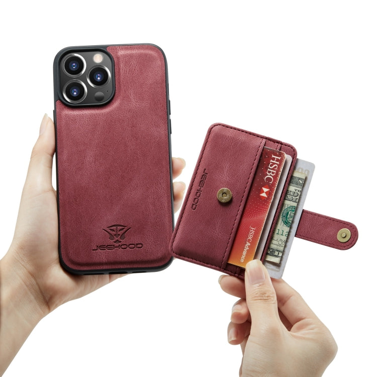 For iPhone 13 Pro JEEHOOD Anti-theft Brush Magnetic PU + TPU Protective Case with Card Slot (Red) - HoMEdemic™ 