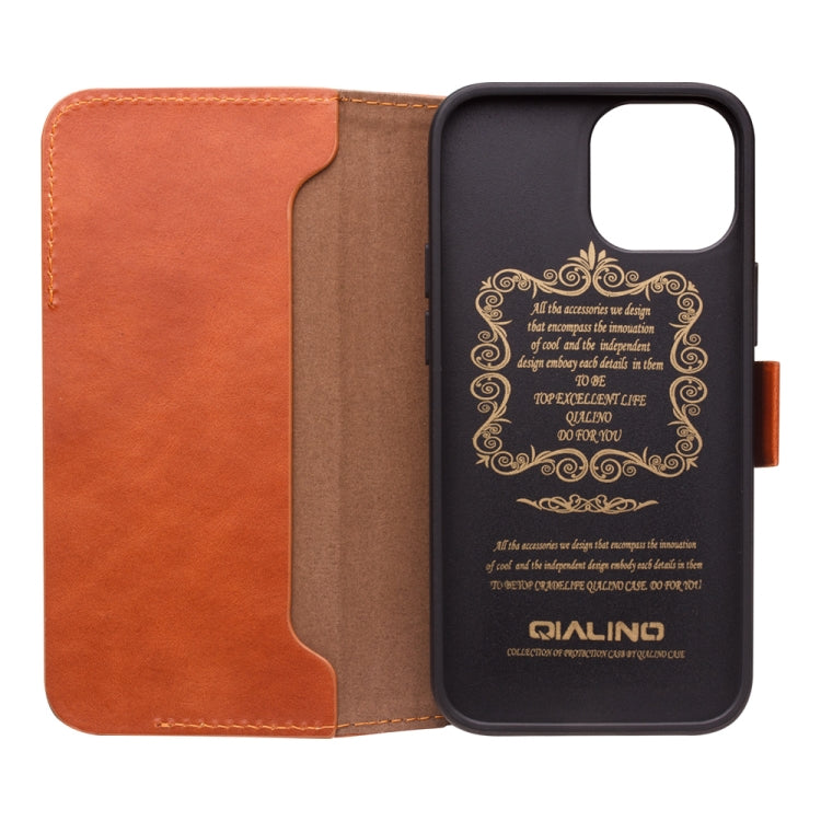 For iPhone 13 mini QIALINO Magnetic Buckle Leather Phone Case (Brown) - HoMEdemic™ 