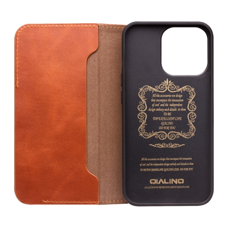 For iPhone 13 Pro Max QIALINO Magnetic Buckle Leather Phone Case (Brown) - HoMEdemic™ 