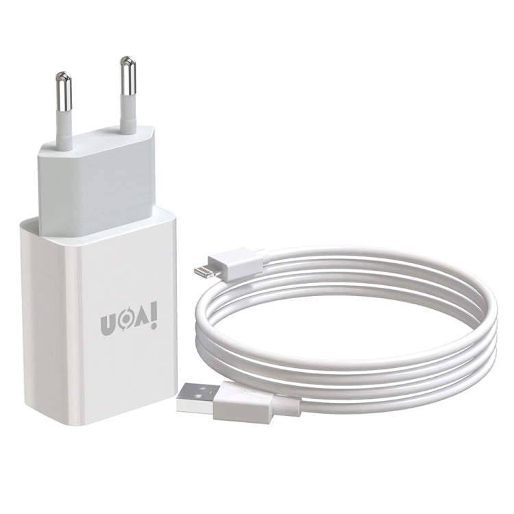 IVON AD-33 2 in 1 2.1A Single USB Port Travel Charger + 1m USB to 8 Pin Data Cable Set, EU Plug(White) - HoMEdemic™ 