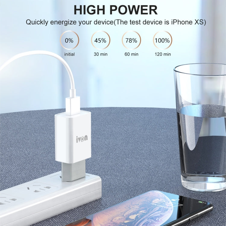 IVON AD-33 2 in 1 2.1A Single USB Port Travel Charger + 1m USB to 8 Pin Data Cable Set, EU Plug(White) - HoMEdemic™ 