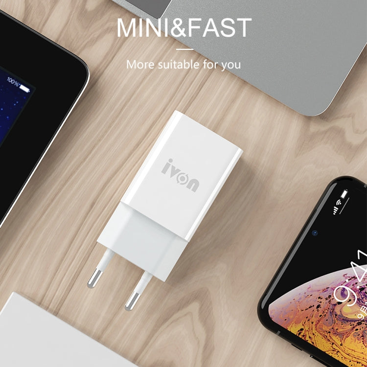 IVON AD-33 2 in 1 2.1A Single USB Port Travel Charger + 1m USB to 8 Pin Data Cable Set, EU Plug(White) - HoMEdemic™ 