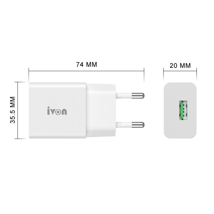 IVON AD-35 2 in 1 18W QC3.0 USB Port Travel Charger + 1m USB to 8 Pin Data Cable Set, EU Plug(White) - HoMEdemic™ 